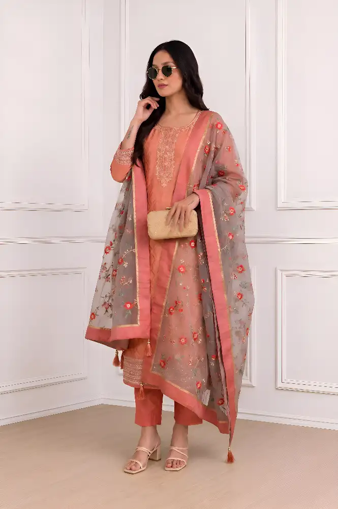 Libas Womens Woven Design Silk Blend Straight Kurta  Set 